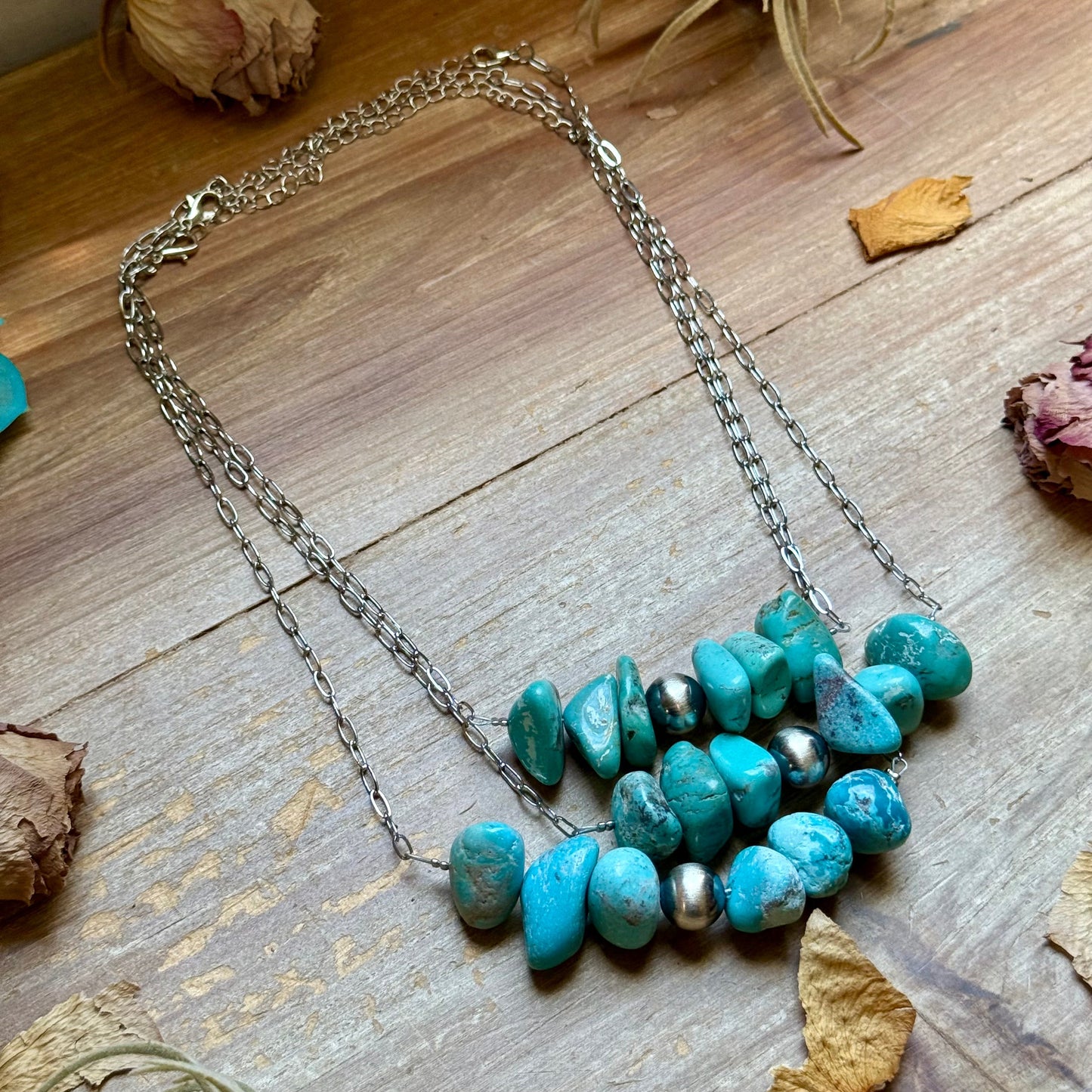 Chunky Turquoise & Sterling Silver Pearl Paperclip Necklace