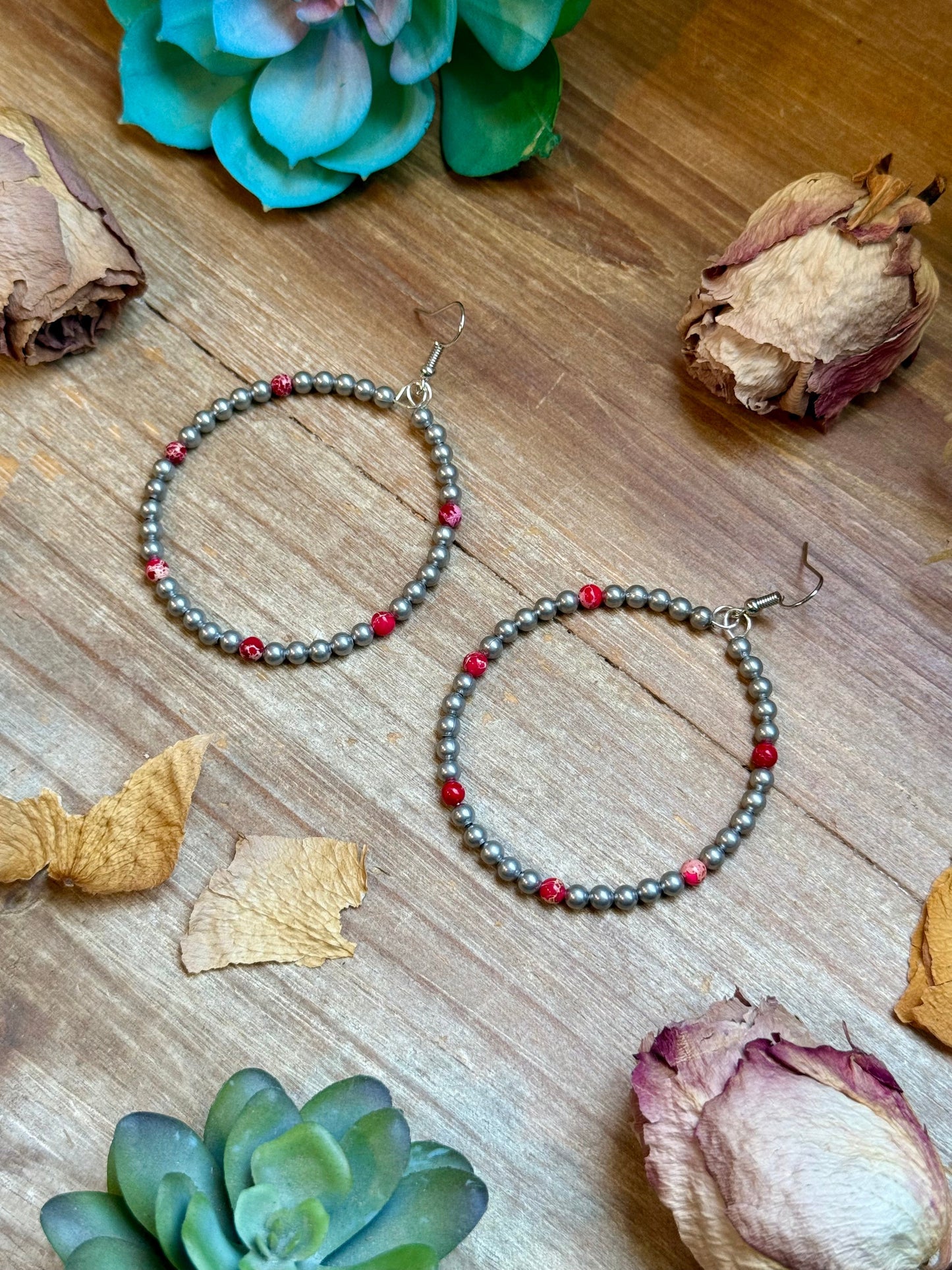 Pink Variscite & Silver-Plated Hoop Earrings