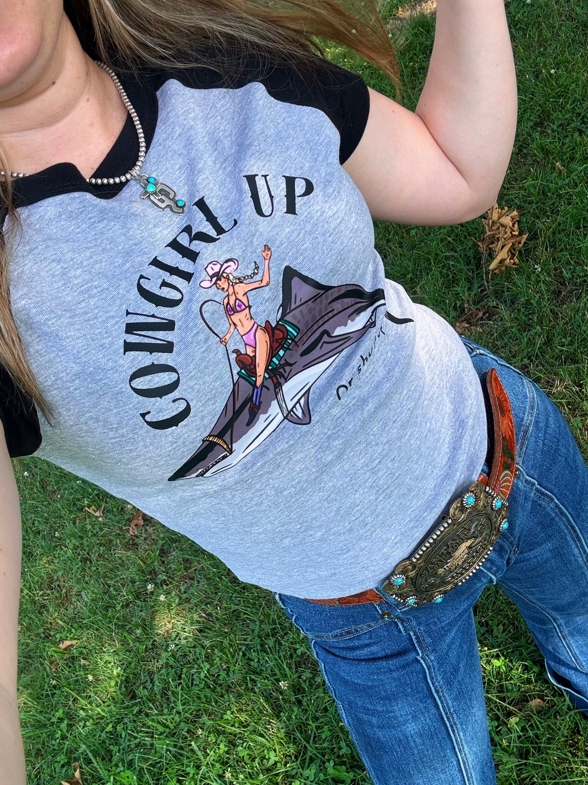 Cowgirl Up Shark Baby Tee (Black/Gray)