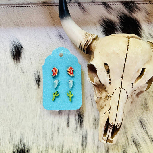 3 Pair Western Wooden Earring Set