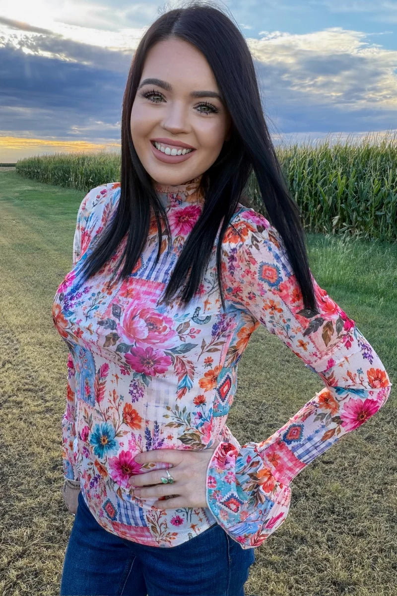 Patchwork prairie mesh long sleeve