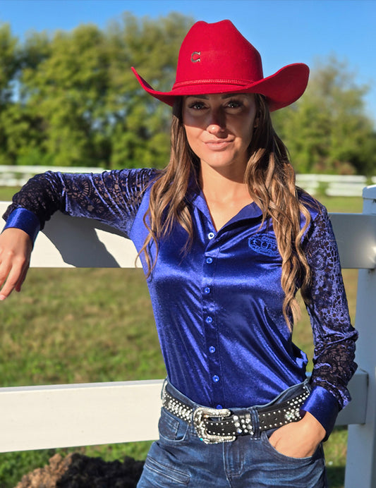 Pullover Button Up (Sapphire Stretch Satin With Sheer Velvet Mesh Sleeves Medium Weight And Medium Stretch)