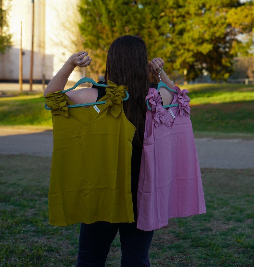 Olive Mustard - Ruffle Trim Sleeveless Top