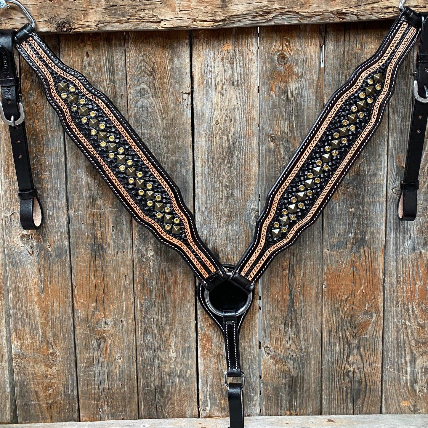 Two Tone Leather - Brass Studded Breastcollar #FK118