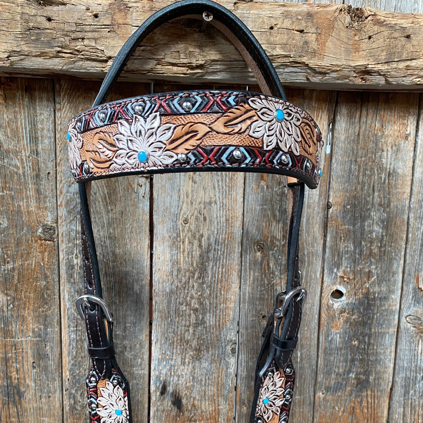 Two Tone Hand Painted flower Browband Headstall / Bridle #FK119