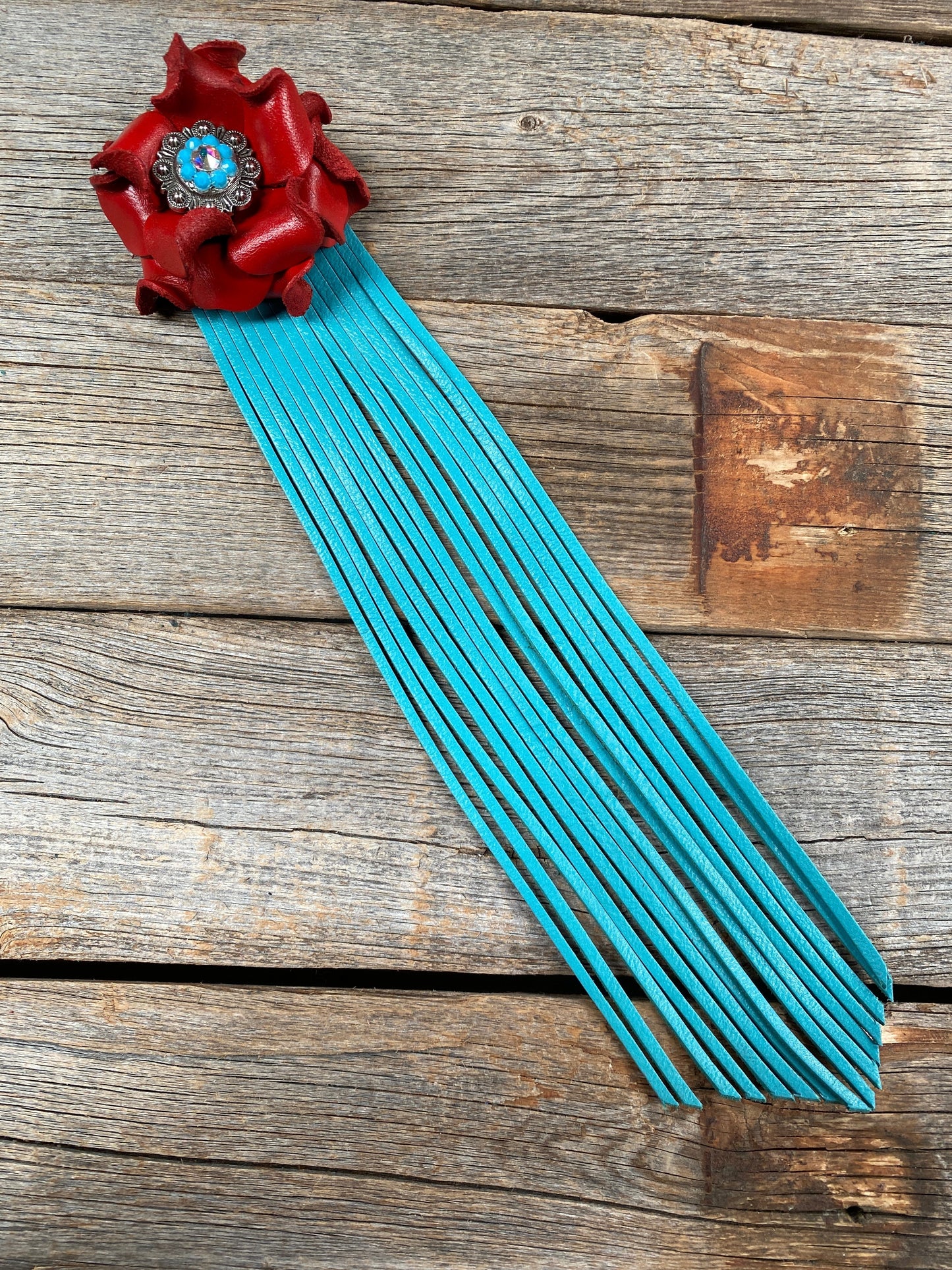 Leather Red Rose with Turquoise Fringe