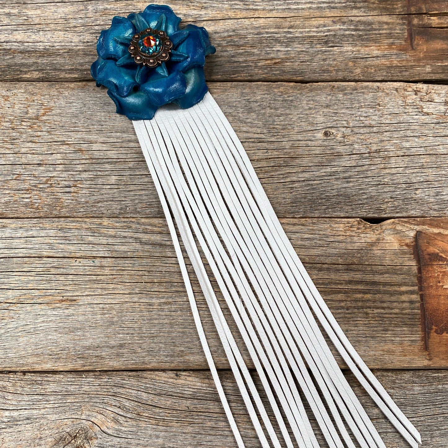 Leather Turquoise Gardenia with White Fringe