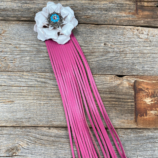 Leather White Gardenia with Pink Fringe