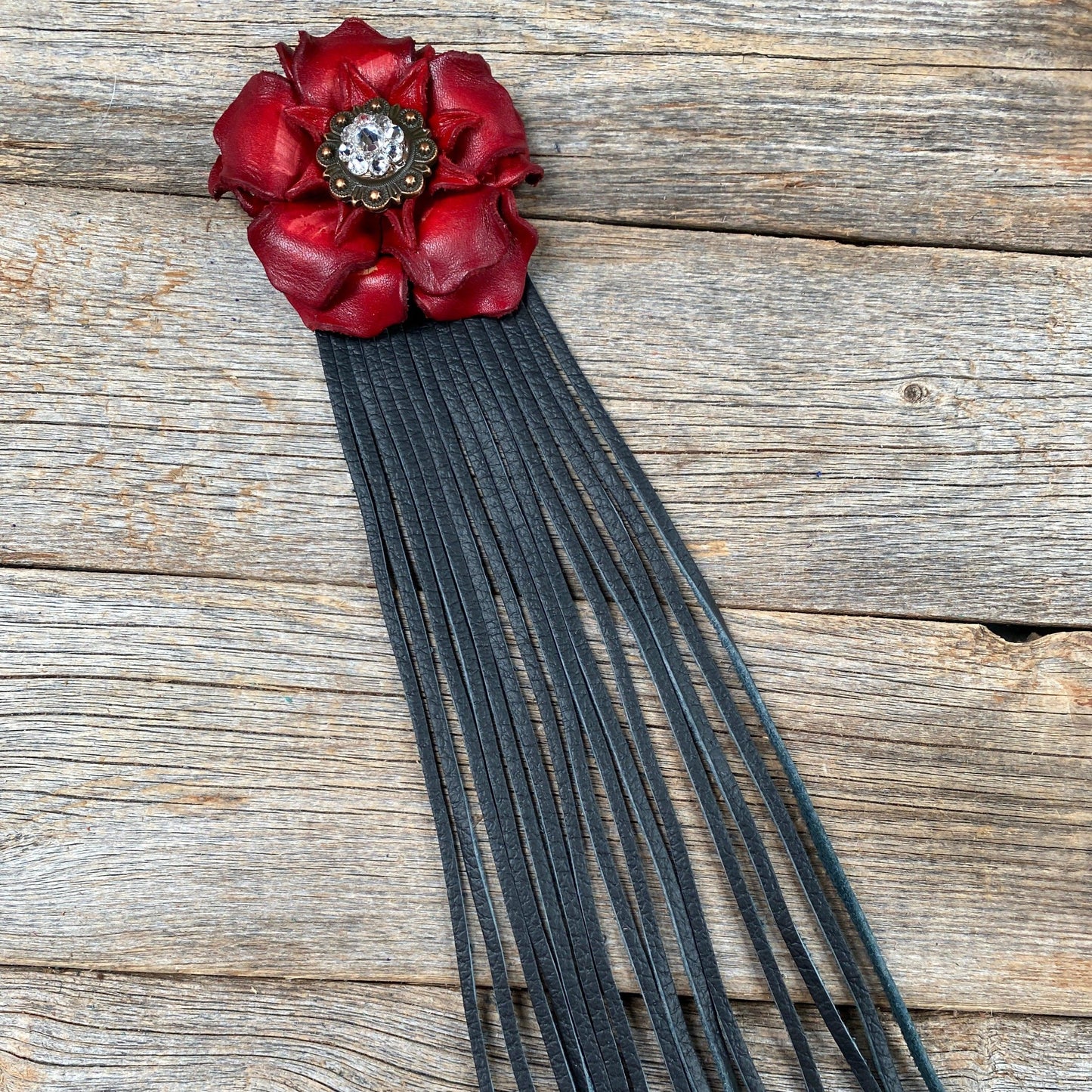 Leather Red Gardenia with Black Fringe
