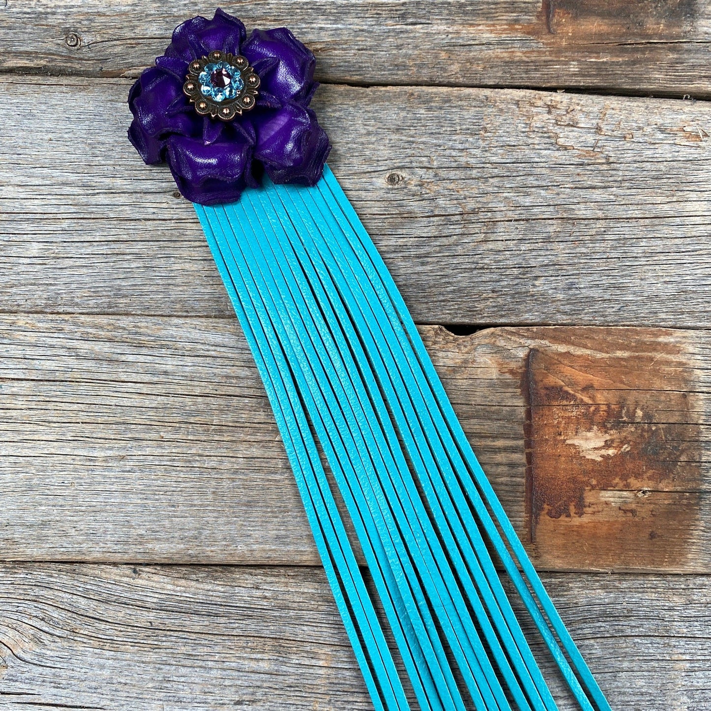Leather Purple Gardenia with Turquoise Fringe
