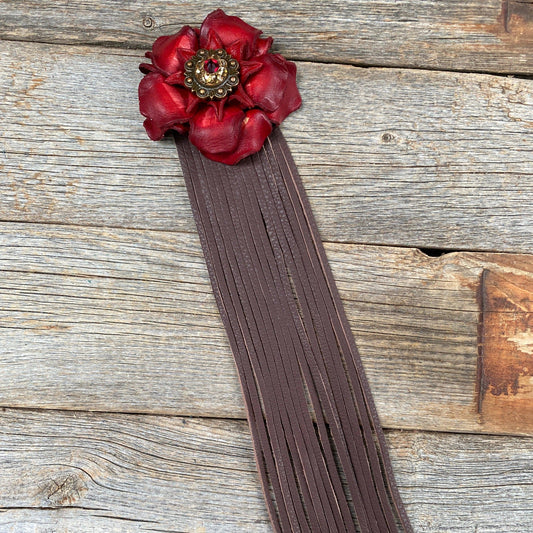 Leather Red Gardenia with Brown Fringe