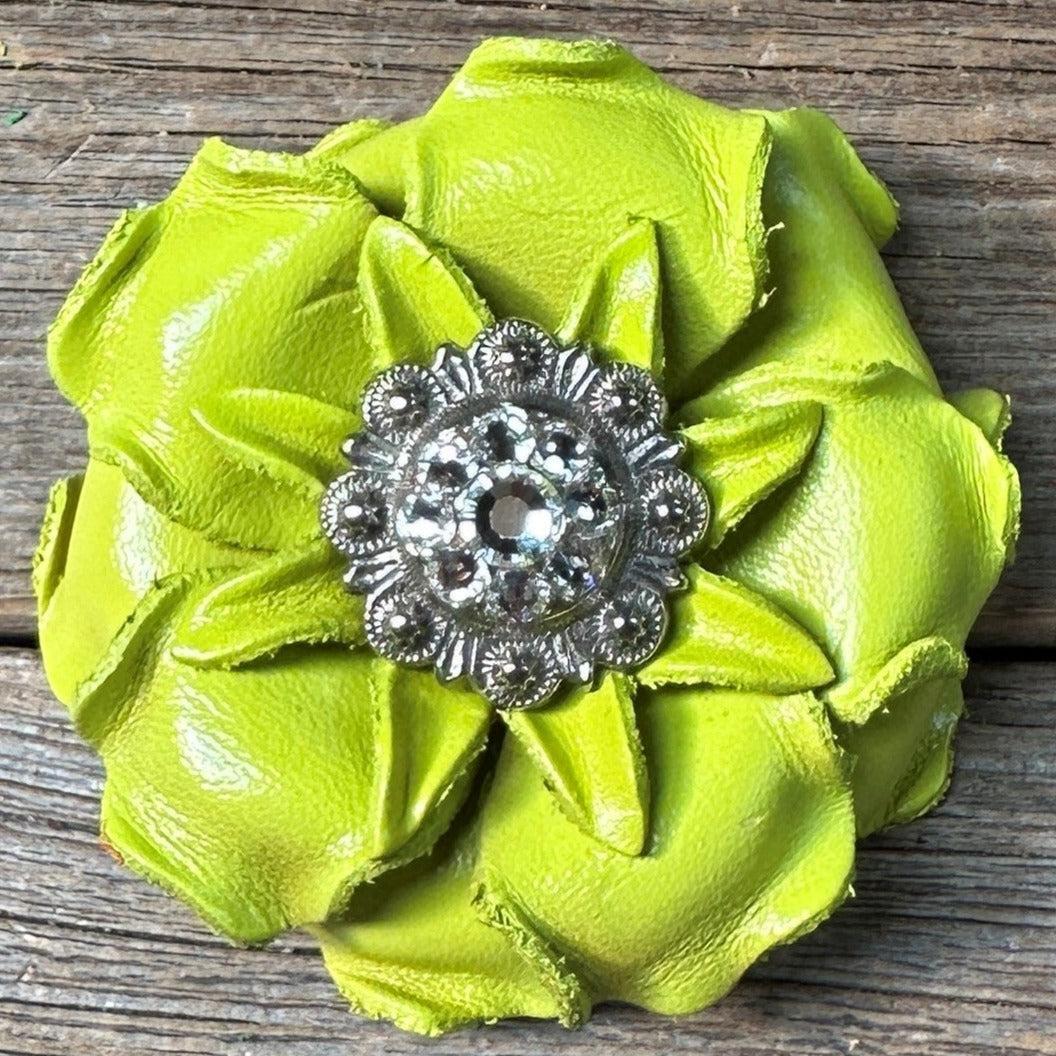 Lime Gardenia Leather Flowers - 1" Crystal Conchos - Options