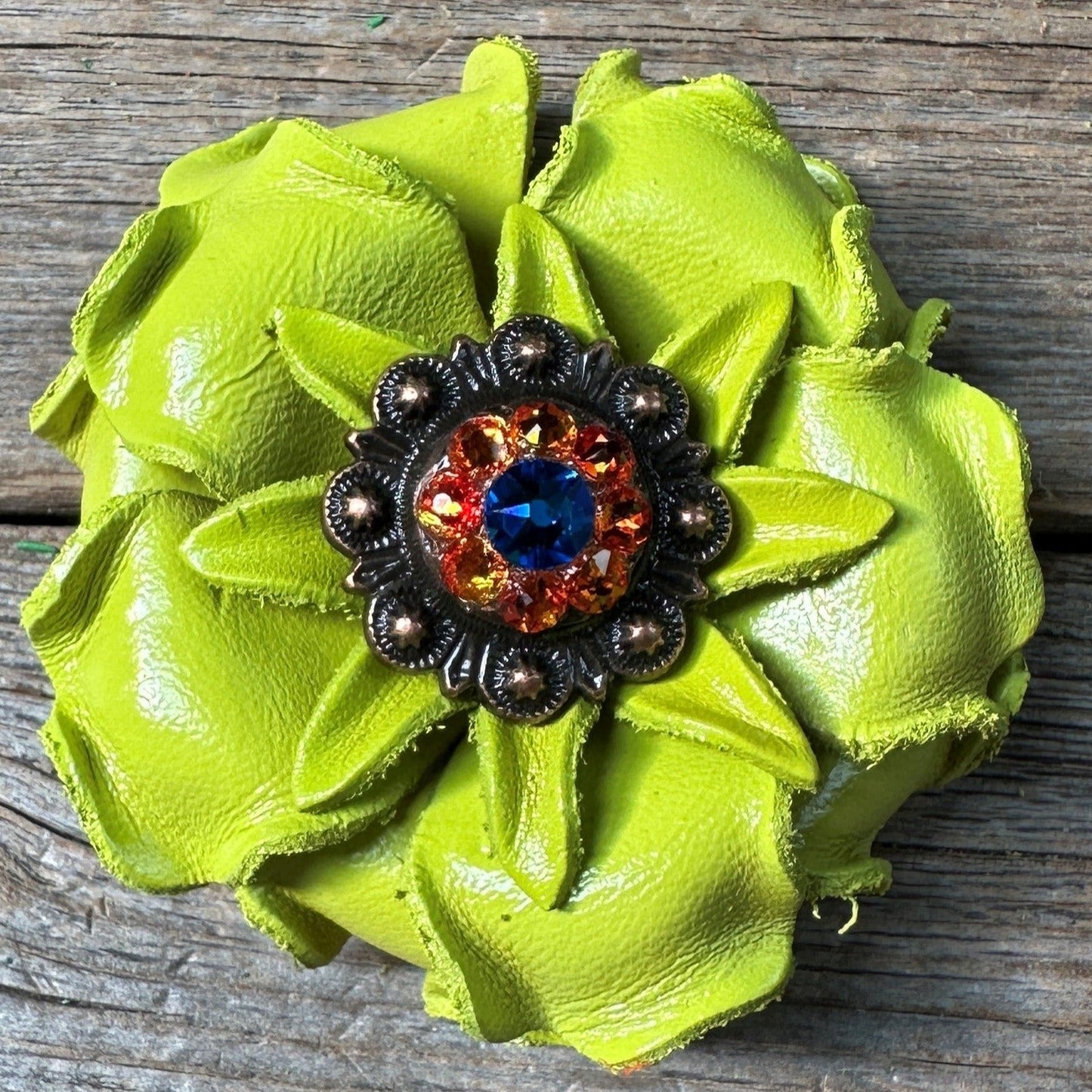 Lime Gardenia Leather Flowers - 1" Crystal Conchos - Options