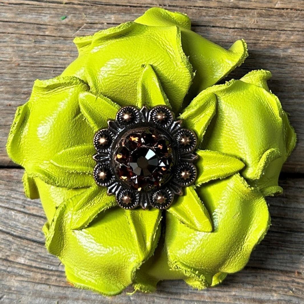 Lime Gardenia Leather Flowers - 1" Crystal Conchos - Options