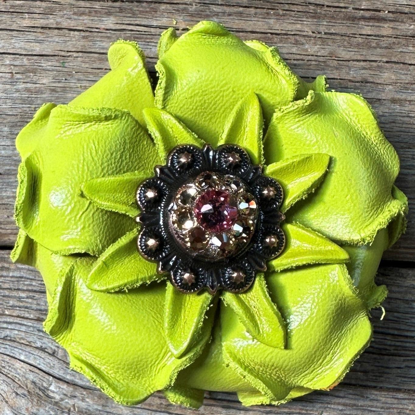 Lime Gardenia Leather Flowers - 1" Crystal Conchos - Options