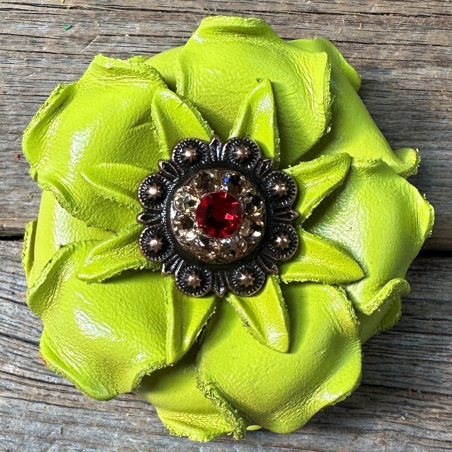 Lime Gardenia Leather Flowers - 1" Crystal Conchos - Options