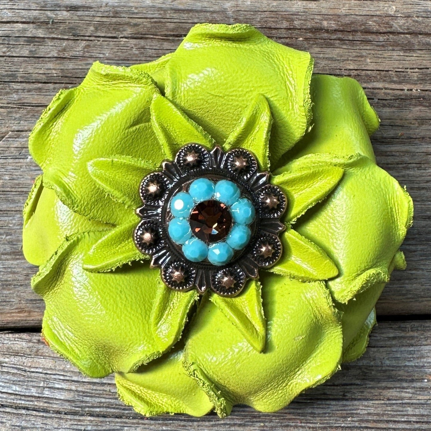 Lime Gardenia Leather Flowers - 1" Crystal Conchos - Options