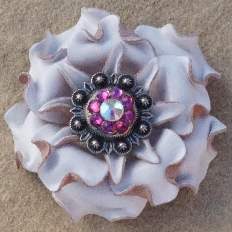 White Gardenia Flower With Antique Silver Fuchsia and AB 1" Concho