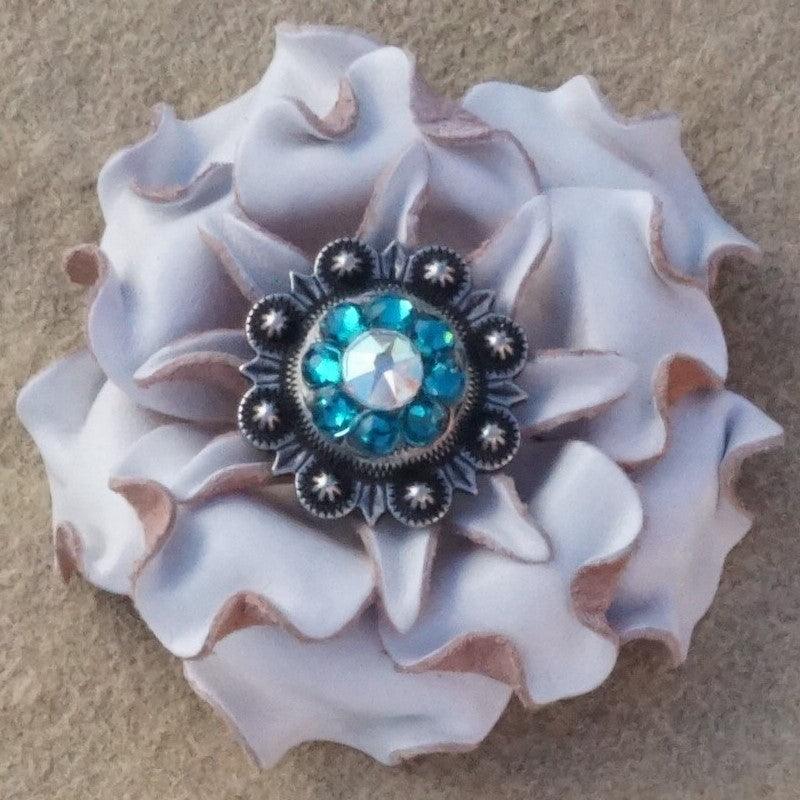 White Gardenia Flower With Antique Silver Teal and AB 1" Concho