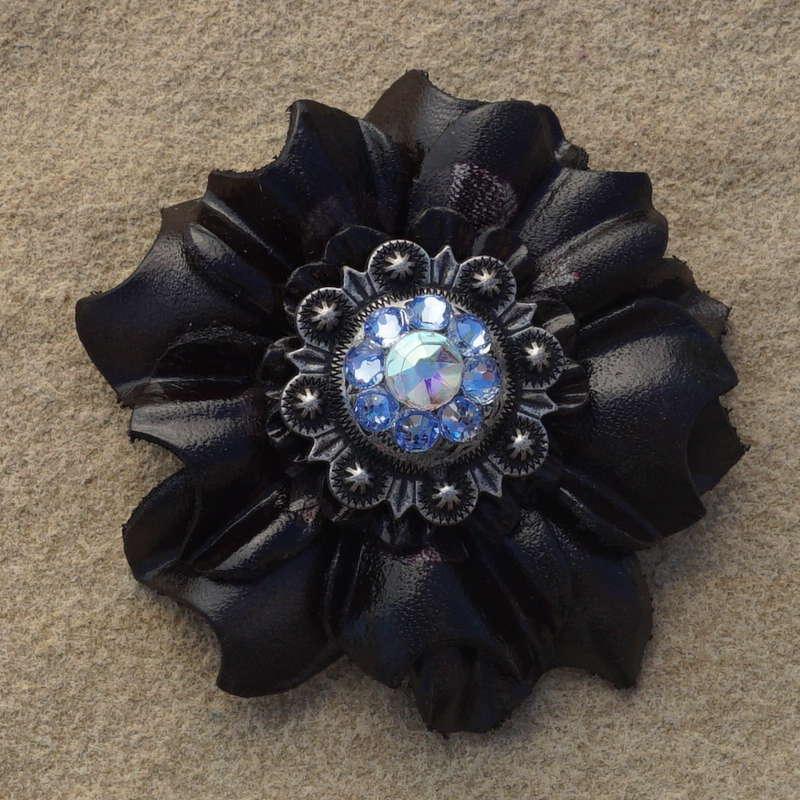 Black Carnation Flower With Antique Silver Light Sapphire and AB 1" Concho