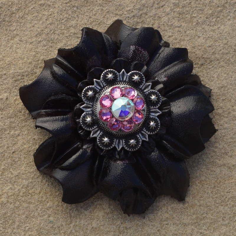 Black Carnation Flower With Antique Silver Pink and AB 1" Concho