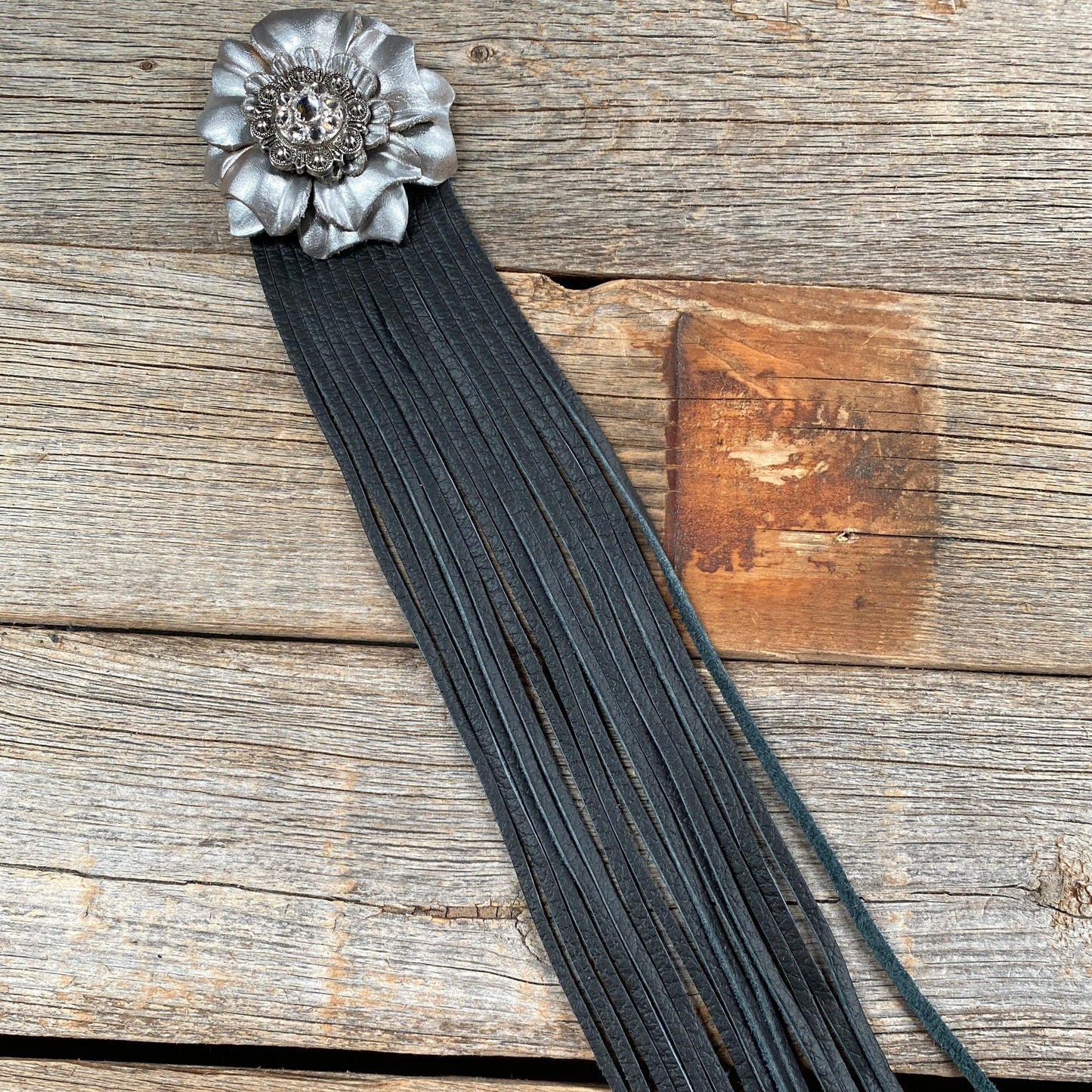 Leather Silver Carnation with Black Fringe