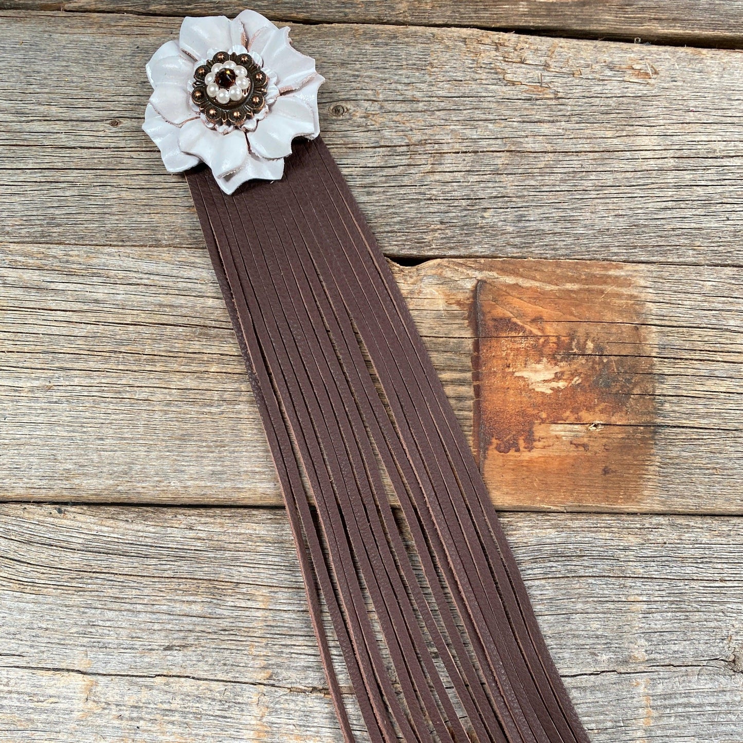 Leather White Carnation with Brown Fringe