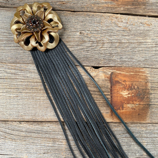 Leather Gold Lotus with Black Fringe