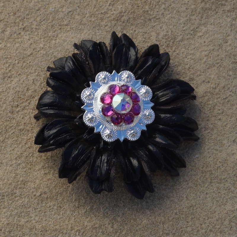 Black Daisy Flower With Bright Silver Fuchsia and AB 1" Concho