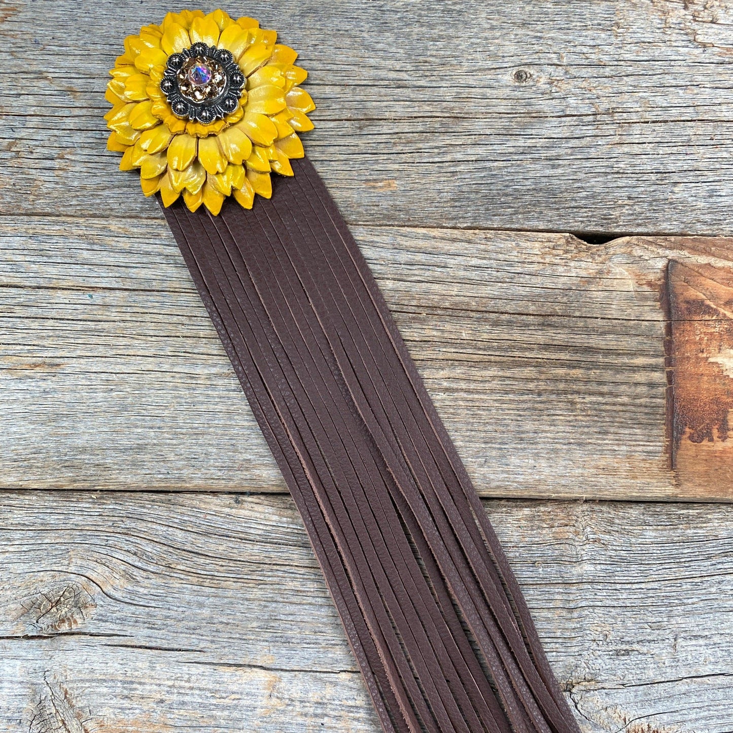 Leather Yellow Daisy with Brown Fringe