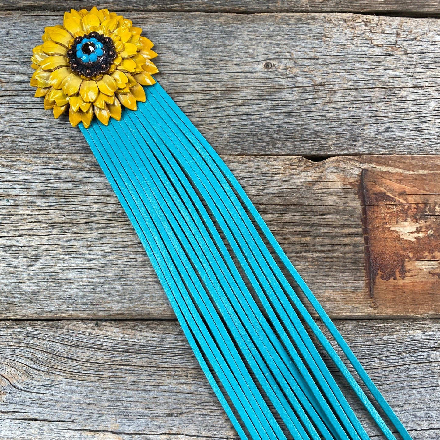 Leather Yellow Daisy with Turquoise Fringe