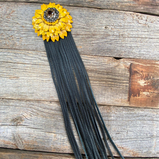 Leather Yellow Daisy with Black Fringe