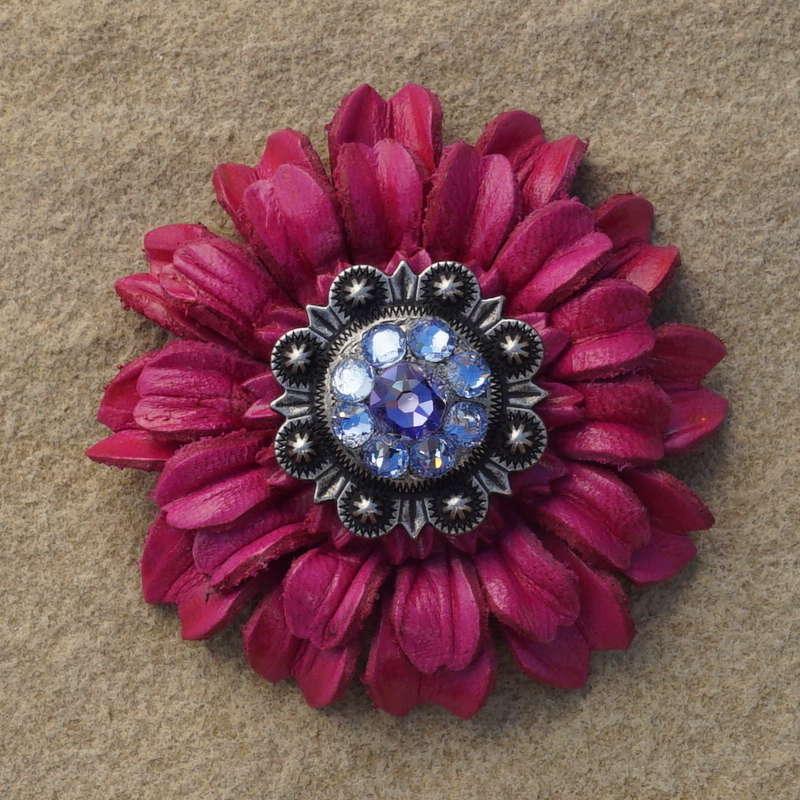 Hot Pink Daisy Flower With Antique Silver Lilac and Light Sapphire 1" Concho