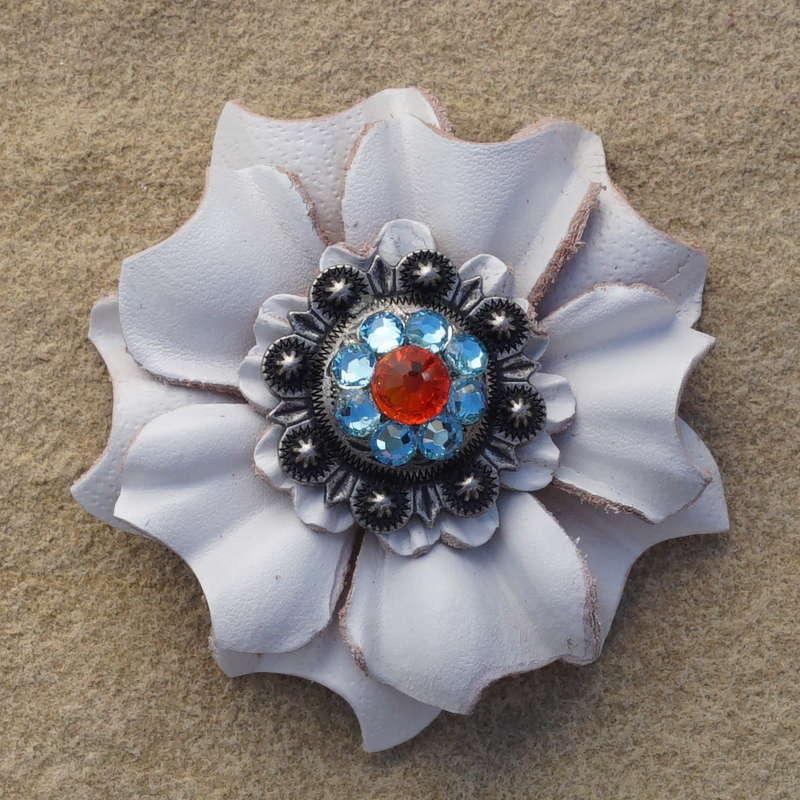 White Carnation Flower With Antique Silver Fire Opal and Aqua 1" Concho