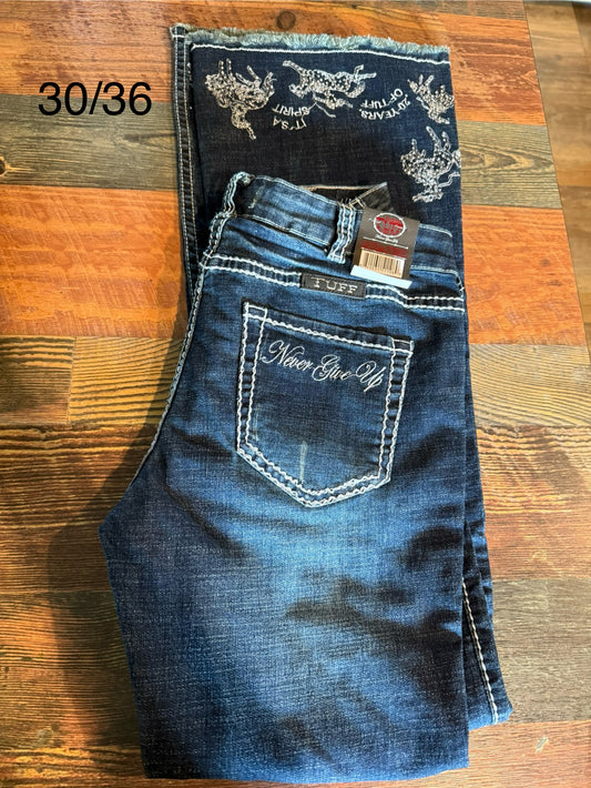 “Never Give Up” Cowgirl Tuff Jeans 30/36 Brand New