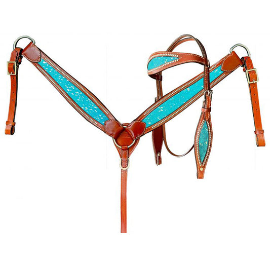 Showman Teal Acid Wash Cowhide Browband Headstall and Breastcollar Set Product ID: 14538