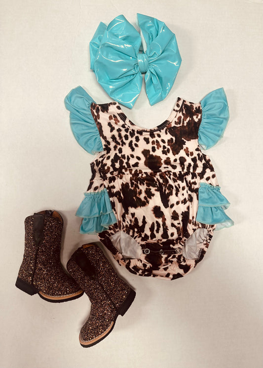 2T Cow Print With Mint Ruffles Romper (FINAL SALE)