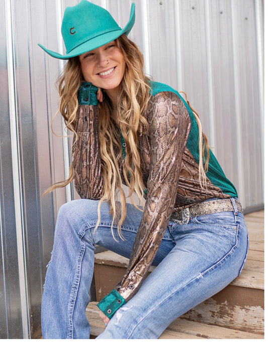 RTS Pullover Button Up (Copper Metallic Snakeskin Stretch Jersey With Turquoise Fabric Accents)