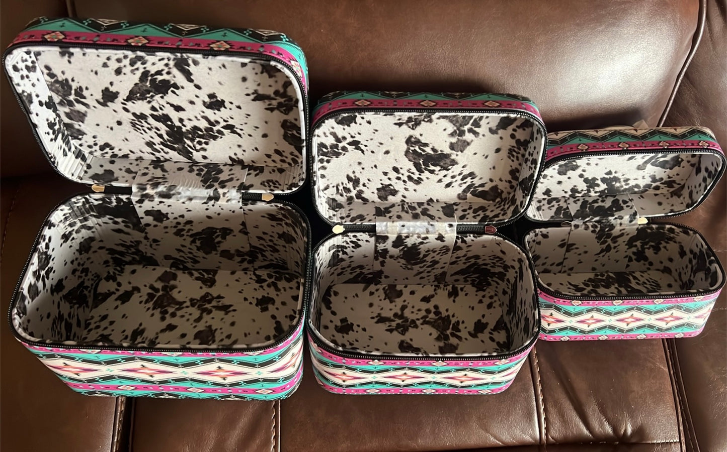 Set of 3 Nest Aztec and Cow print Makeup Totes