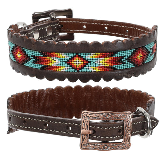 Showman Aztec Flame Beaded leather dog collar
