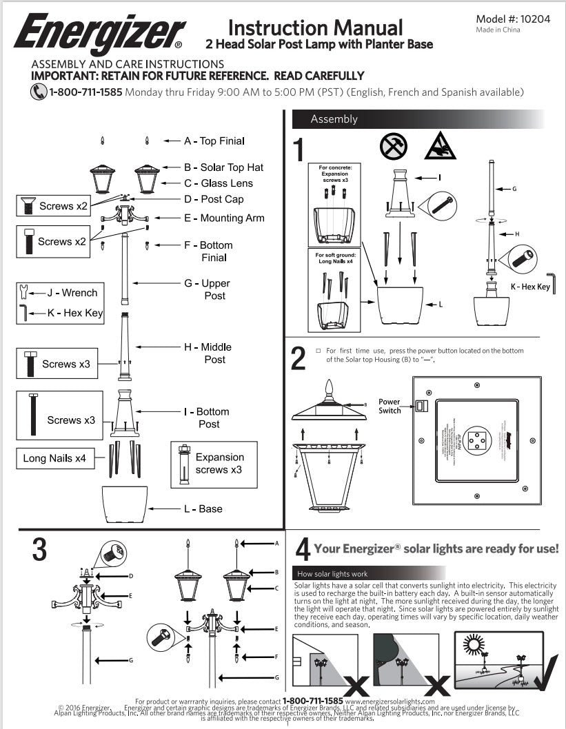 Energizer 2 Heads Solar Post Lamp With Planter