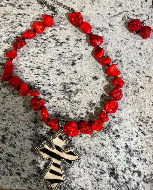 Black &White Zebra Cross on Red Stone Necklace