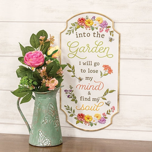 Into the Garden Embossed Floral Metal Sign for Farmhouse Wall & Porch Decor