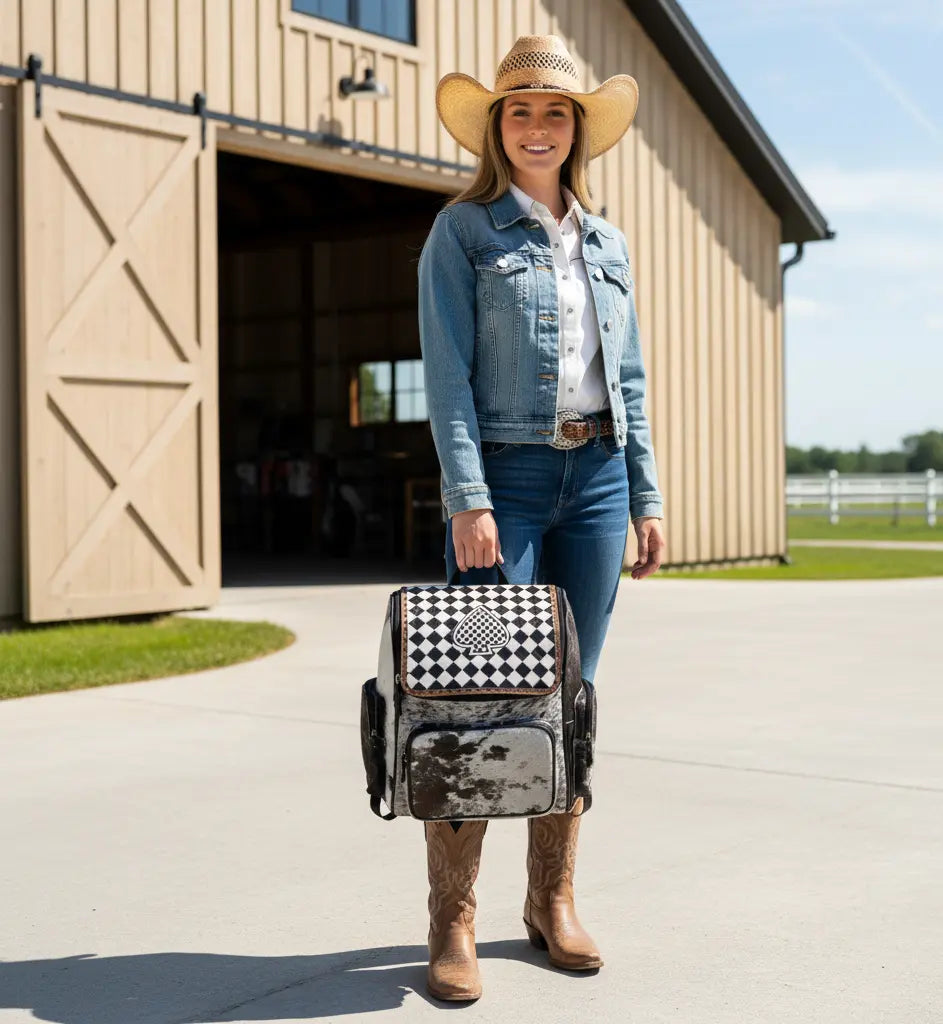 Aces Checker Tooled & Cowhide Backpack 
