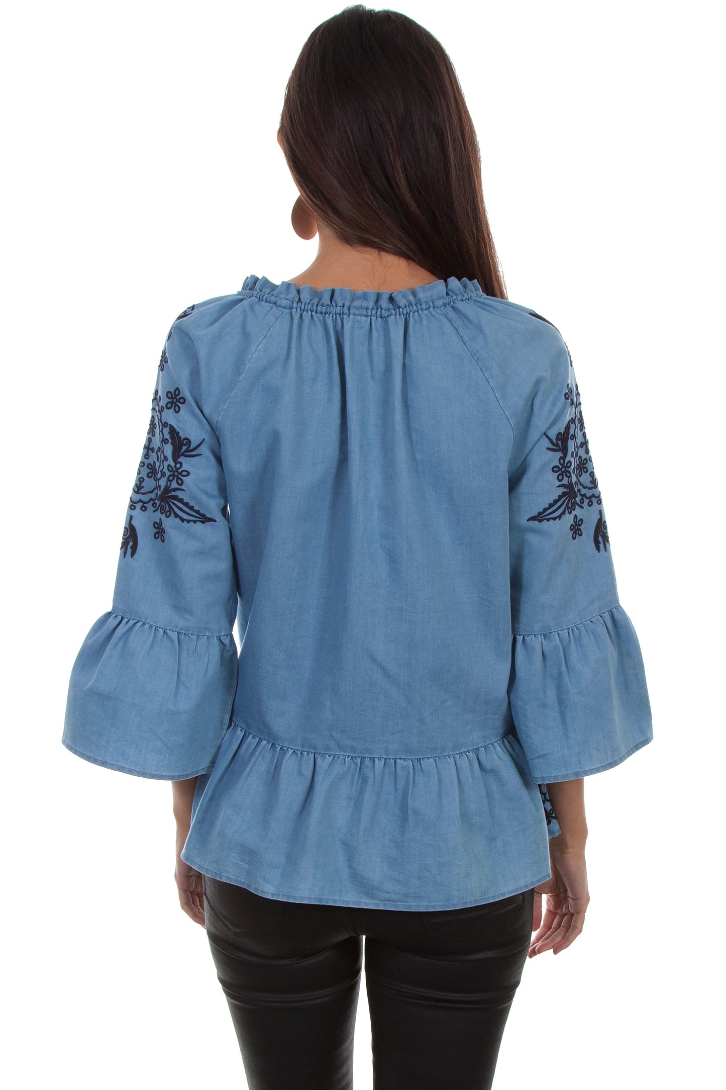 Peplum Blouse W/tonal Emb & Tie Neck - HC467