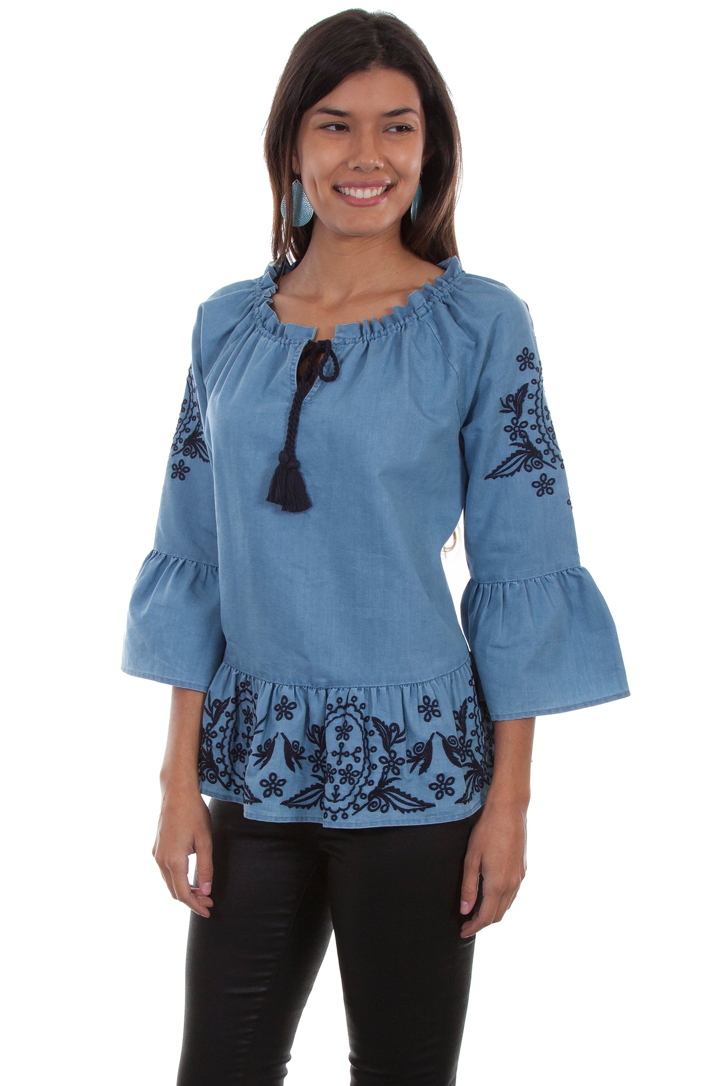 Peplum Blouse W/tonal Emb & Tie Neck - HC467