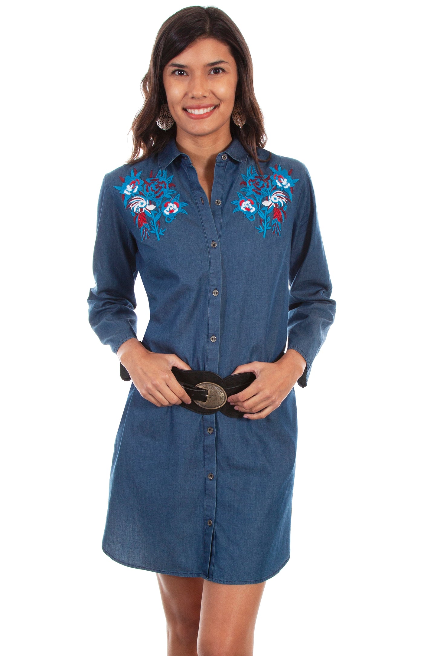 Rose Emb. Denim Dress W/belt - HC468