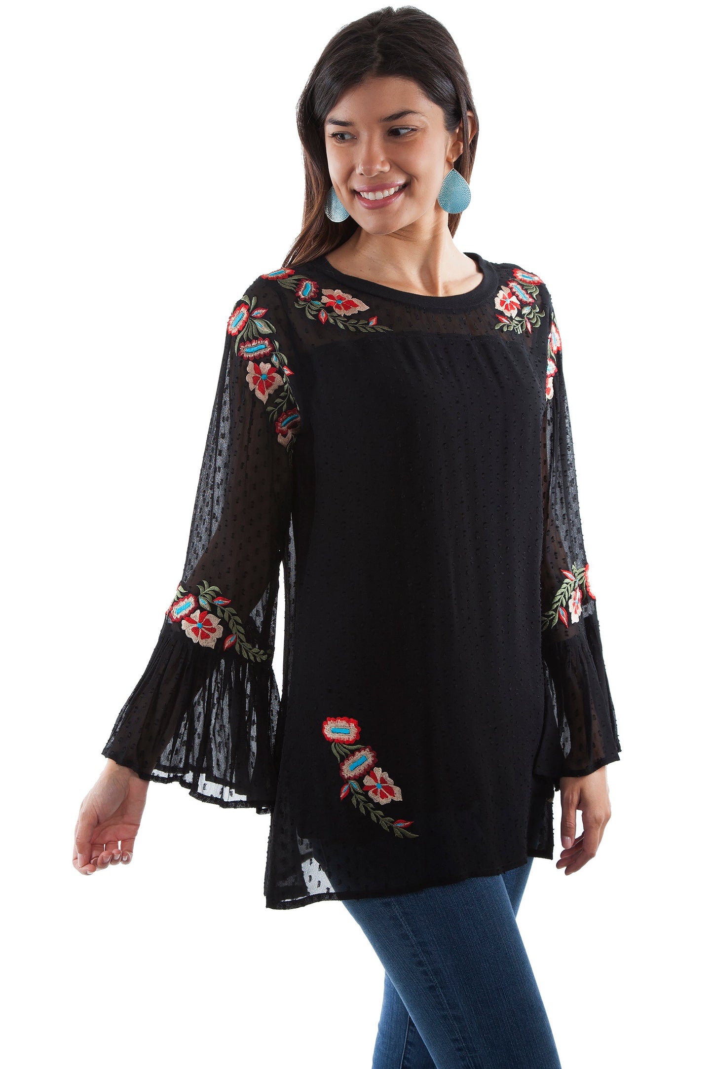 Swiss Dot Tunic W/emb & Ruffle Sleev - HC505