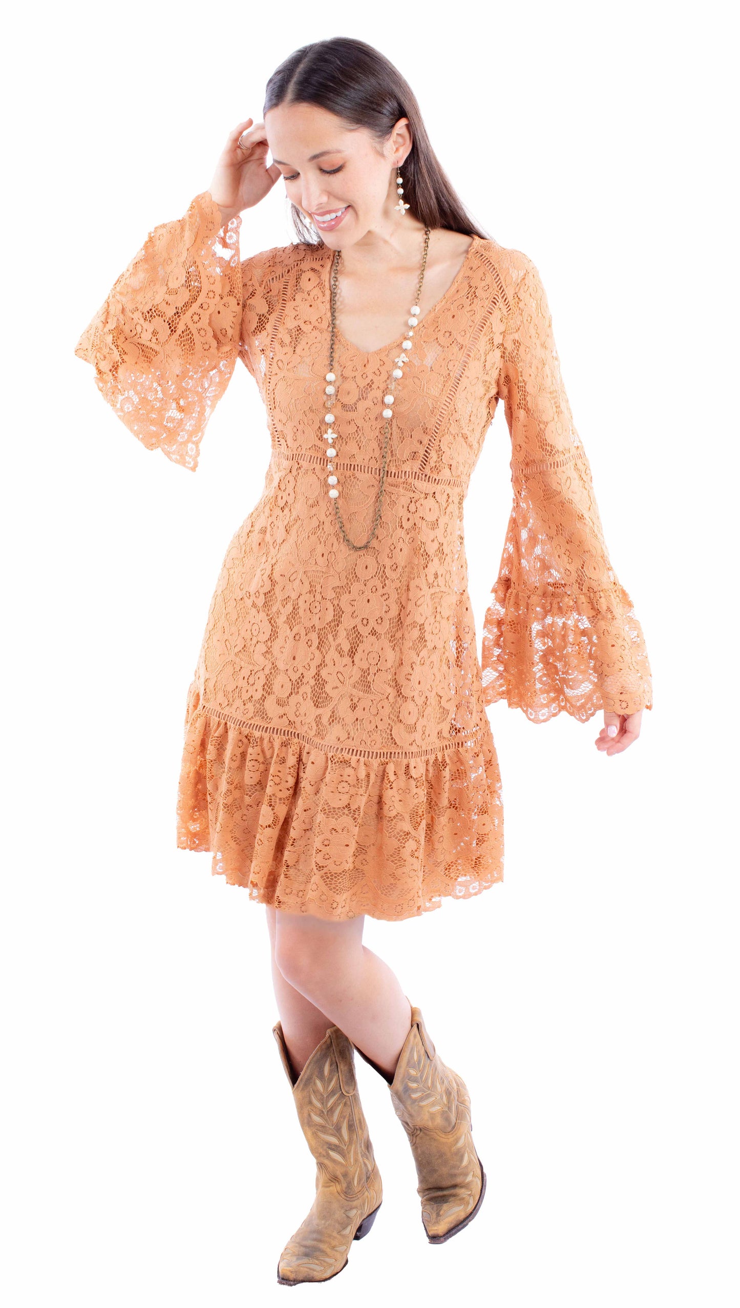 Lace Dress W/flare Sleeves - HC557