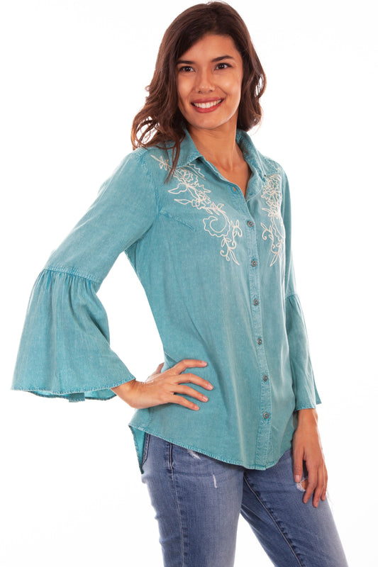 Bell Sleeve Blouse W/ivory Emb - HC586